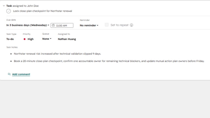 HubSpot 交易记录，其中包含由 RevEdge 创建的跟进任务